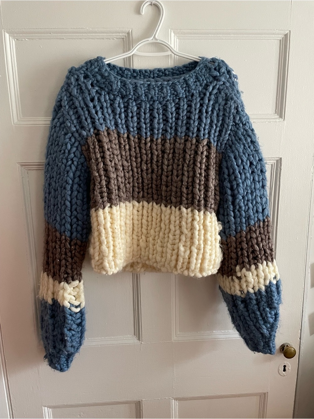 Handmade | Hand knit Colorblock Chunky Sweater in Blue, Grey & Cream
